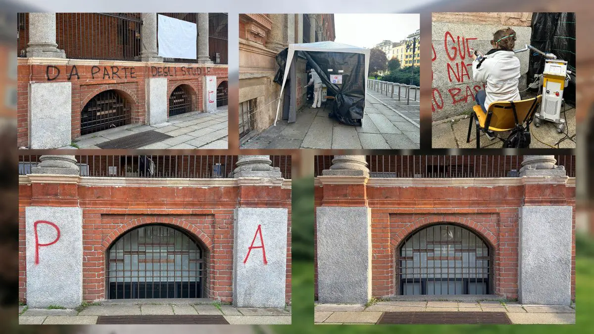 Laser rimuove i graffiti dalla facciata storica della Statale di Milano